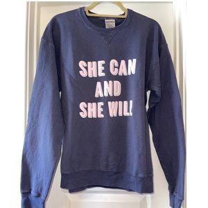 Friday + Saturday Sweatshirt. Blue and pink. Size Medium.